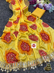 Beautiful Chinon Silk Mirror Handwork Saree