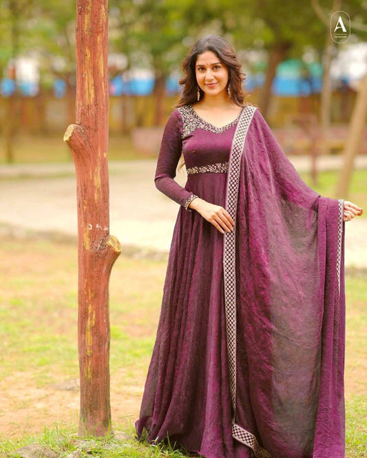 Beautiful Gold Crushed Silk Sequence Embroidery Work Long Gown