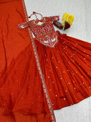 Wedding Wear Vichitra Silk Embroidery Thread & Sequence Work Lehenga With Stitched Blouse