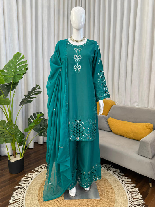 Beautiful Designer Natural Crepe Thread Work Suit