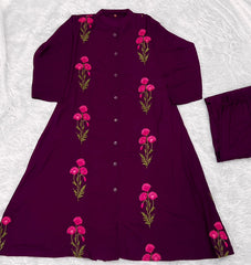 Stylish Rayon Embroidery Work Long Flair Kurti With Palazzo