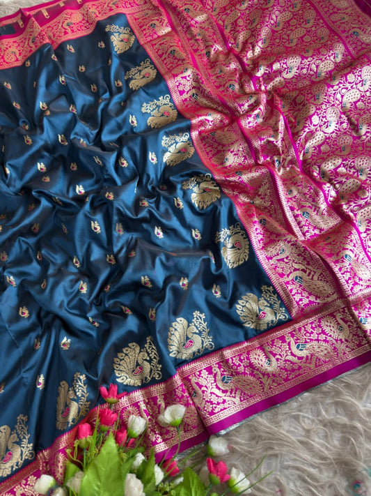 Royal Peshwai Bomkai Paithani Intricate Golden Peacock Motifs Designer Saree