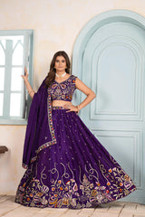 Party-wear Purple Chinon Silk Embroidery Sequence & Thread Work Lehenga