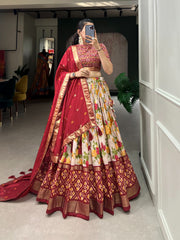 Exquisite Floral And Patola Print With Foil Work Tussar Silk Lehenga