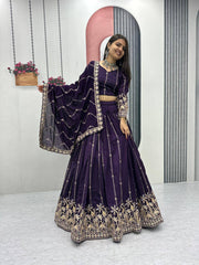 Festive Special Vichitra Silk Embroidery Thread & Sequence Work Lehenga With Stitched Blouse