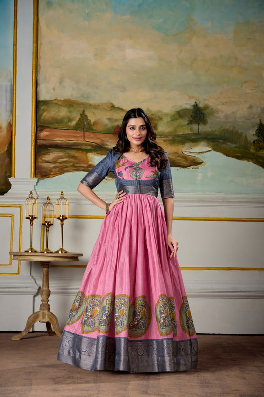 South Indian Style Stunning Dola Silk Kalamkari Printed Gown
