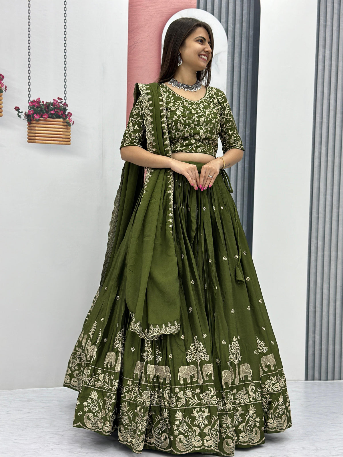 Festive Special Green Chinon Silk Embroidery Thread Work Lehenga Choli