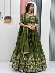 Festive Special Green Chinon Silk Embroidery Thread Work Lehenga Choli
