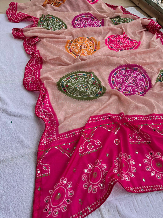 Beautiful Chinon Digital Bandhani Printed With Chakri Motifs Work Saree