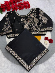 Beautiful  Blooming Chinnon Peding Silk Saree With Stitched Blouse