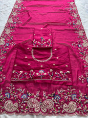 Party-wear Soft Tabby Silk Padding Embroidery Cutwork Saree
