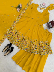 Beautiful Designer Crunchy Silk Anarkali With Palazzo Set
