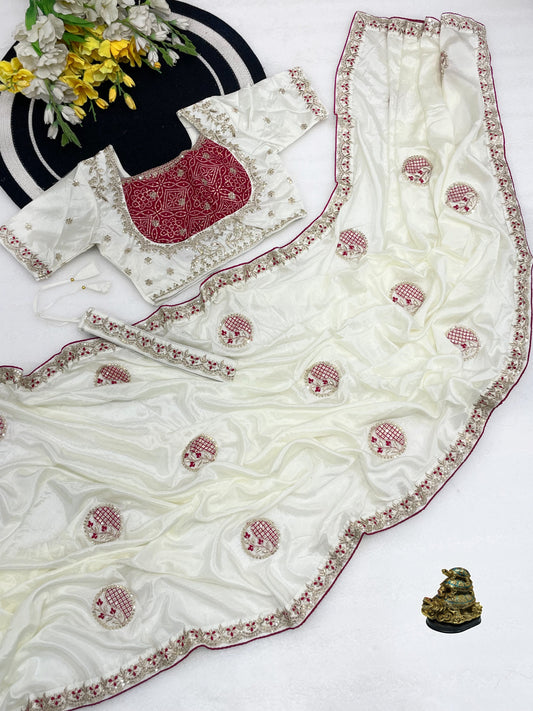 Beautiful Chinon Silk Embroidery Sequence Work Saree With Stitched Blouse