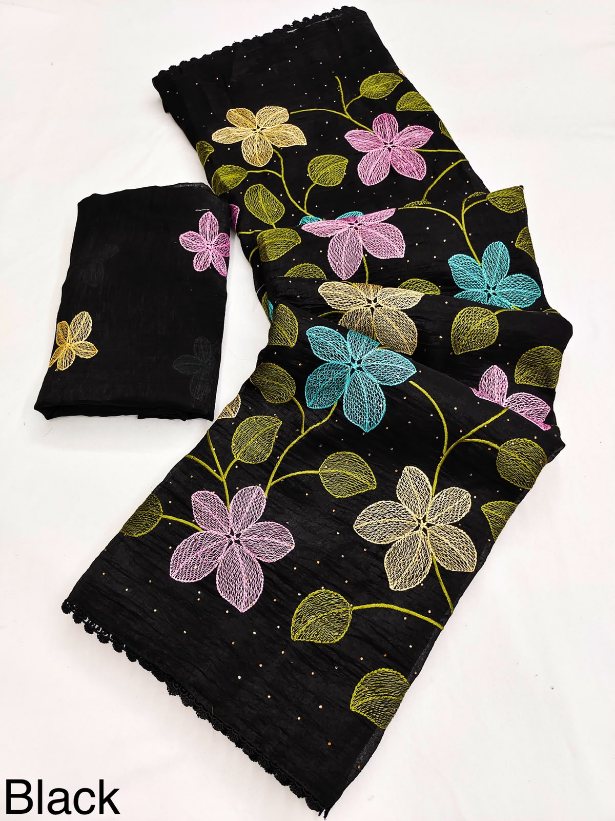 Party-wear Viscose Crunchy Silk Floral Design Embroidery Thread Work Saree