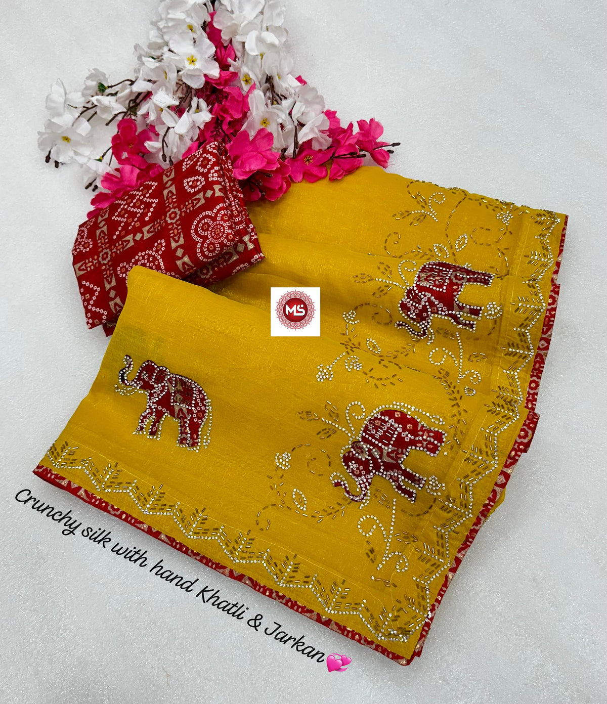 Rich Crunchy Silk Elephant Designer Cutdana & Jarkan Hand Work Saree