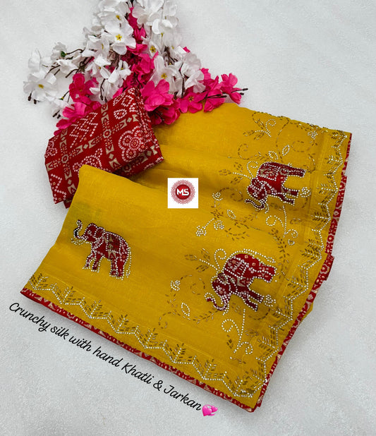 Rich Crunchy Silk Elephant Designer Cutdana & Jarkan Hand Work Saree