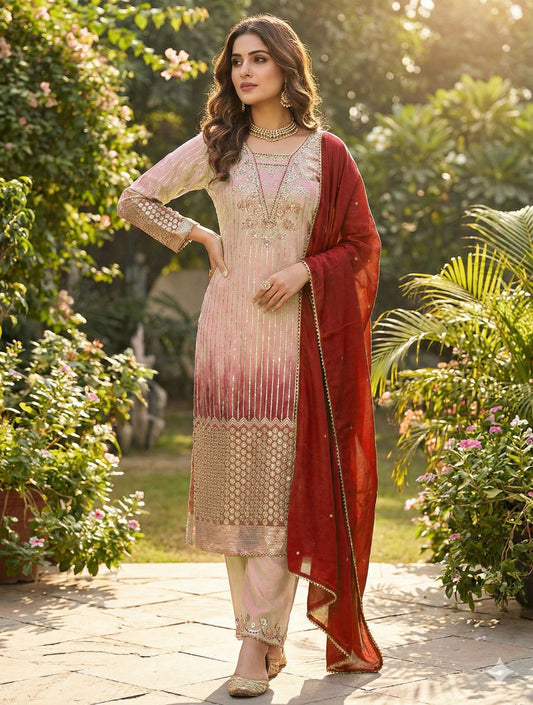 Party-wear Chinon Silk Printed With Sequence Embroidery Work Dress