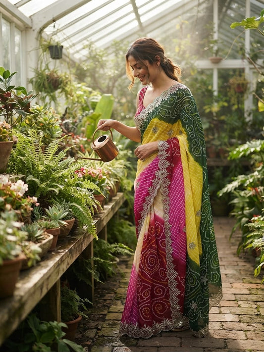 Beautiful Multi Shaded Lehriya With Silver Zari Sequence Shiny Leaf Work Saree