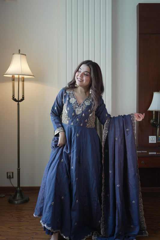 Beautiful Vichitra Silk Beads Sequence Embroidery Work Gown