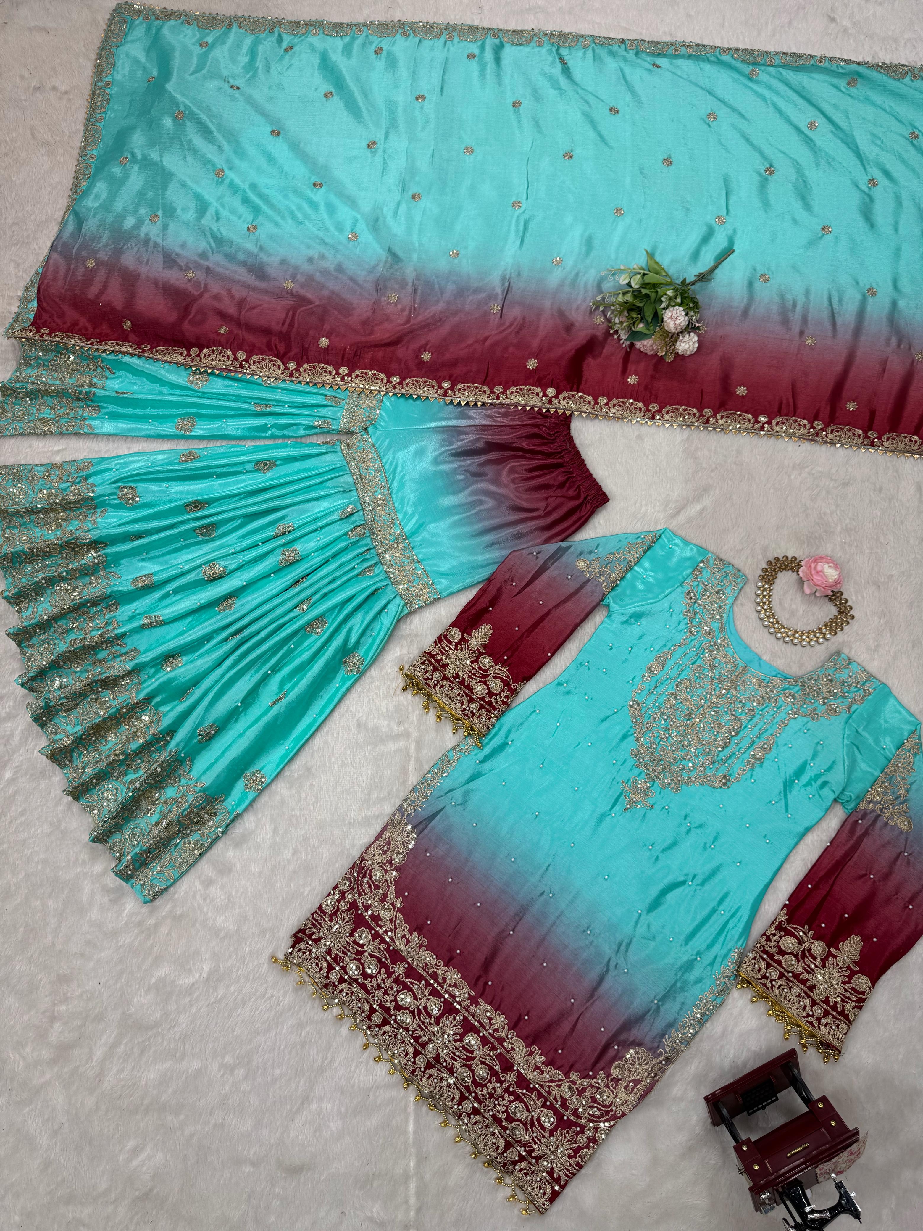 Beautiful Designer Chinon Silk Sequence With Rivet Moti Work Sharara