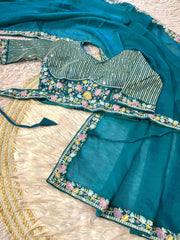 Party-wear Shining Moss Silk Embroidery With Sequence Work Saree With Stitched Blouse
