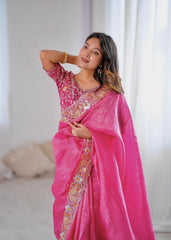 Party-wear Gold Crush With Heavy Embroidery Threads Coding Work Saree