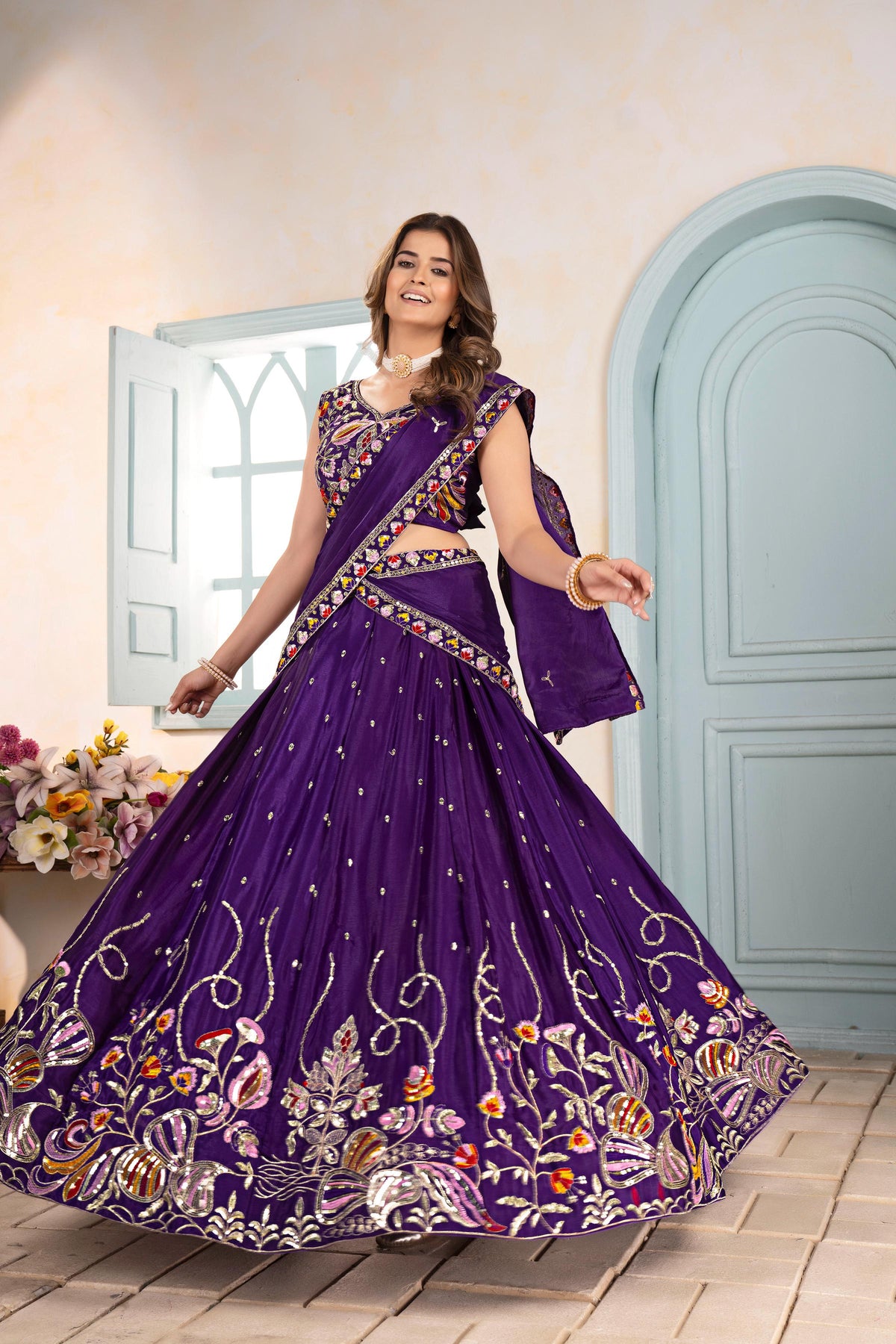 Party-wear Purple Chinon Silk Embroidery Sequence & Thread Work Lehenga