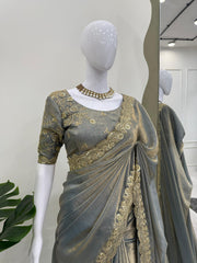 Attractive Grey Color Fendi Silk Sequence Work Saree