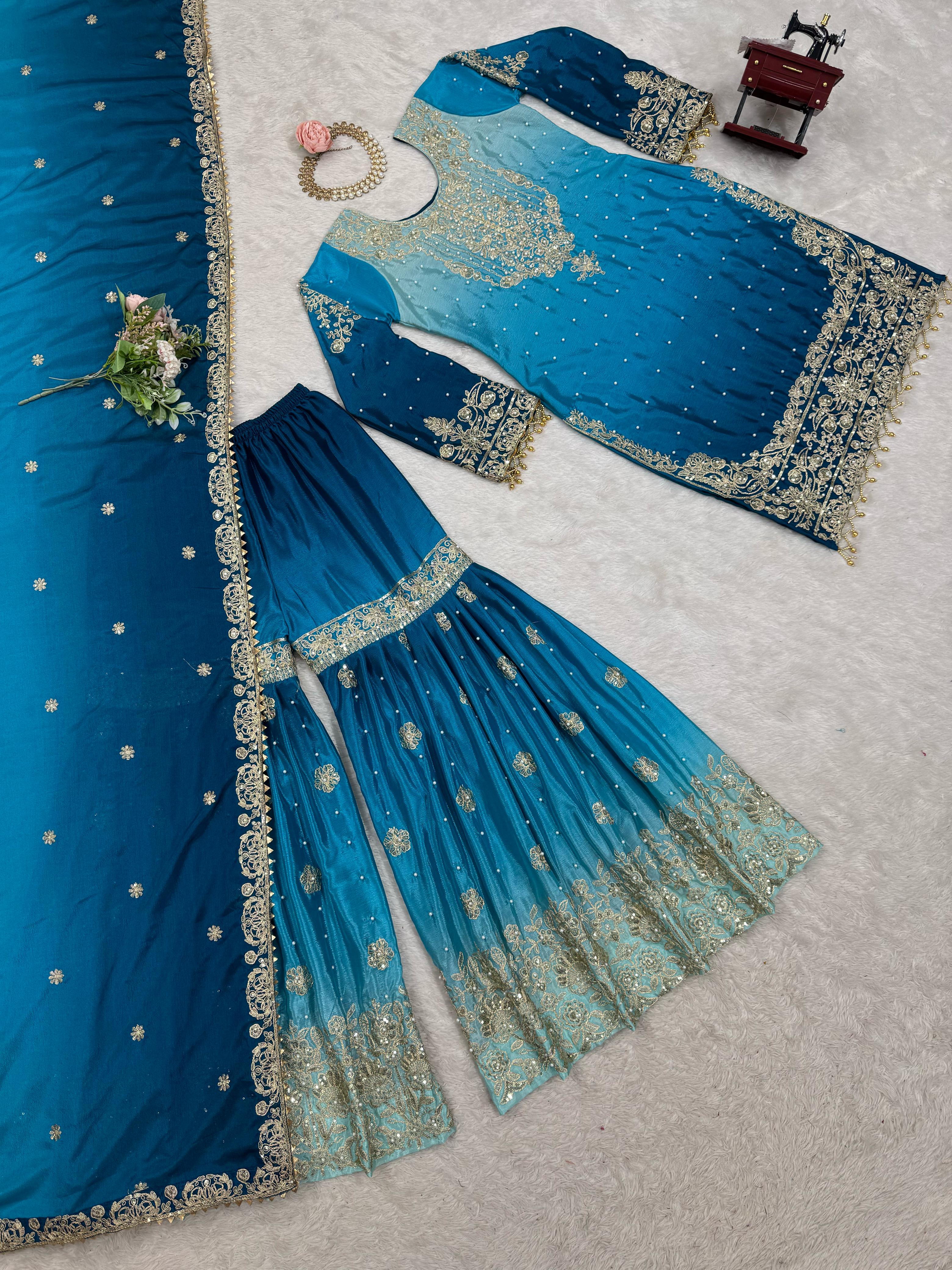 Beautiful Designer Chinon Silk Sequence With Rivet Moti Work Sharara