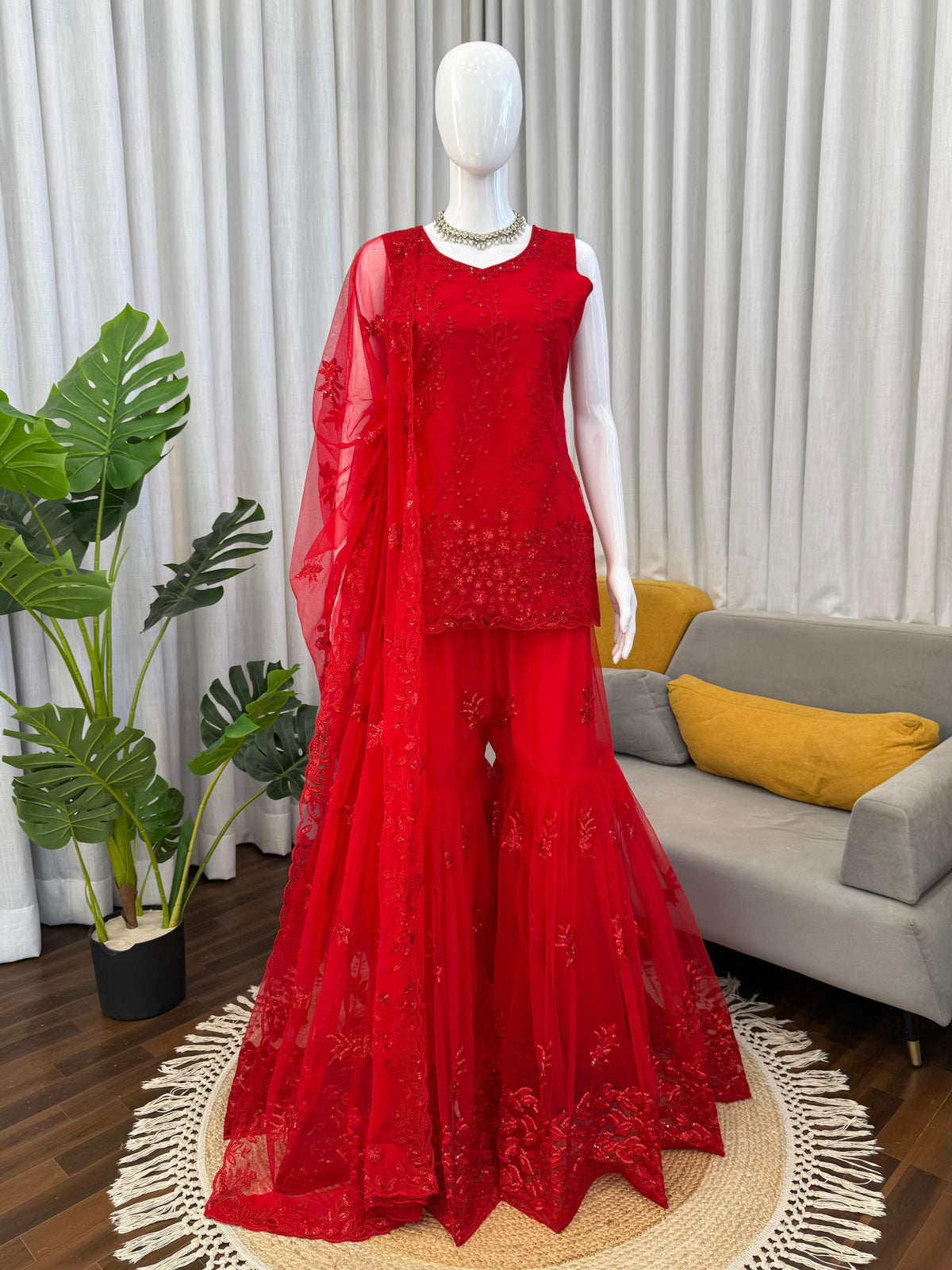 Stylish Red Net Thread With Sequence Work Sharara