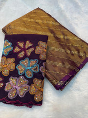 Beautiful Gerogette Braso Silk Designer Golden Foil Work Saree