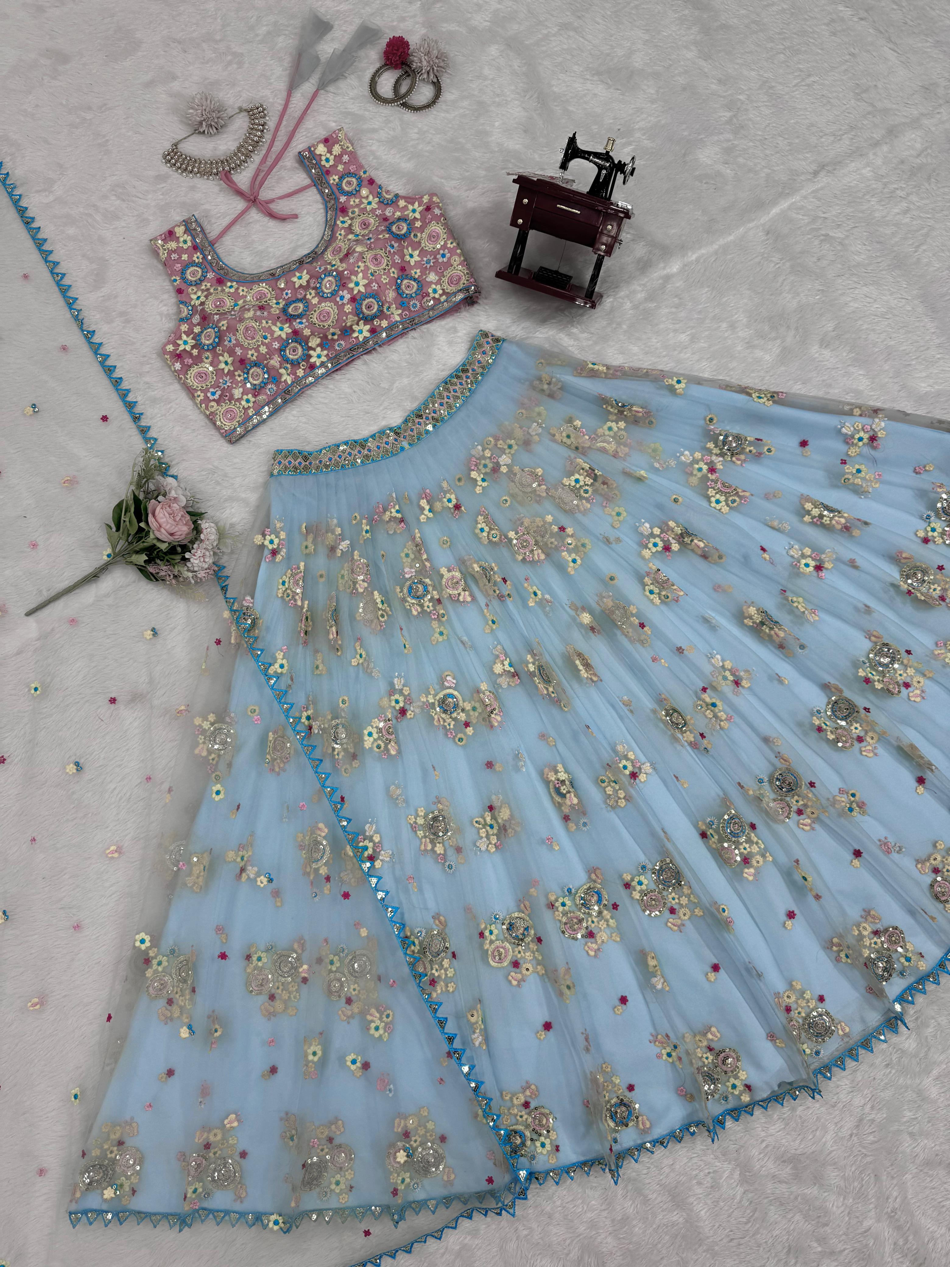 Partywear Sky Blue Butterfly Net Thread With Sequence Work Lehenga Choli