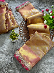 Beautiful Soft Golden Banarsi Handloom Tissue Silk Saree