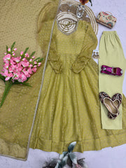 Festive Special Moss Butti Silk Pearls & Real Mirror With Handwork Anarkali Gown