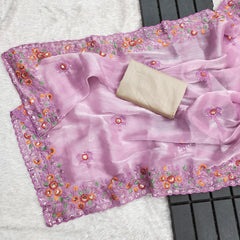 Beautiful Pure Soft Burberry Jimmy Cho Embroidery Sequins Work Saree