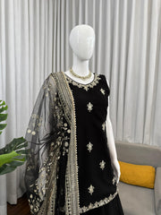 Festive Ready Black Palazzo Set With Fancy Lace & Embroidery Work