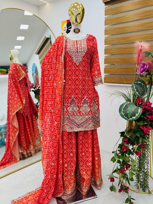 Party-wear Chinon Silk Printed With Embroidery  Sequence Work Sharara