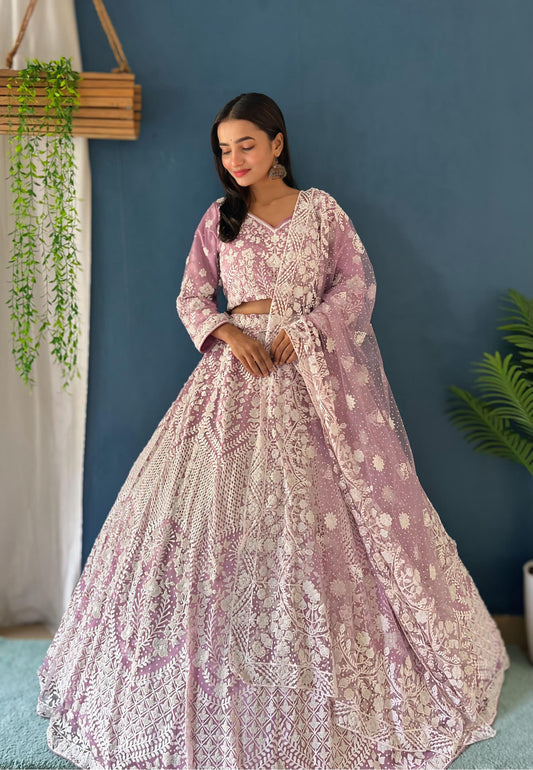 Lavender Net Designer Pure Pearl Work Lehenga Choli