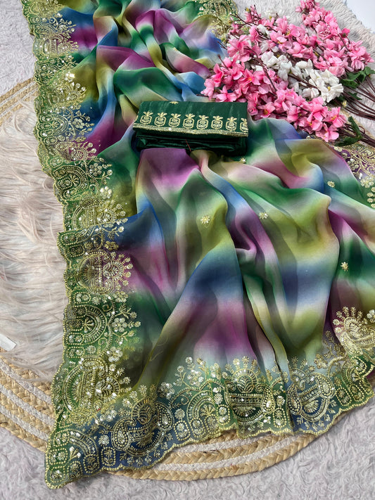 Beautiful Multi Color Georgette Work Saree