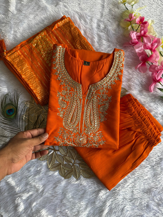 Beautiful Orange Roman Silk With  Embroidery & Sequence Work Dress