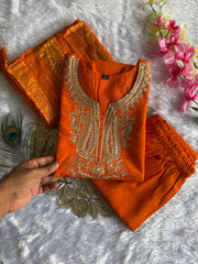 Beautiful Orange Roman Silk With  Embroidery & Sequence Work Dress