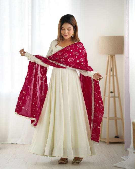 Beautiful White Pure Soft Vichitra Silk Gown
