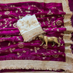 Designer Pure Space Silk Gold Beeds Work Saree