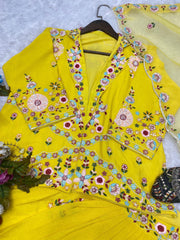 Beautiful Chinon Silk Multi Thread Sequence Embroidery Work Lehenga With Koti