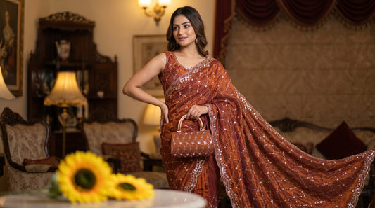 Party-wear Space Silk With Real Gold Beads With Cutwork Border Saree