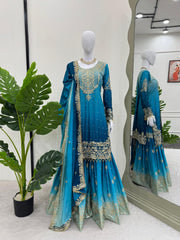 Beautiful Designer Heavy Chinon Silk Coding & Sequence With Pearl Work Sharara