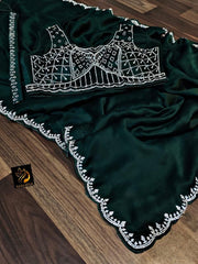 Beautiful Premium Satin Crape Crystal Stone Work Border Saree