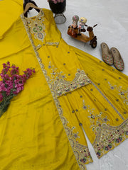 Designer Party-wear Chinon Silk Embroidery & Sequence Work Sharara Suit