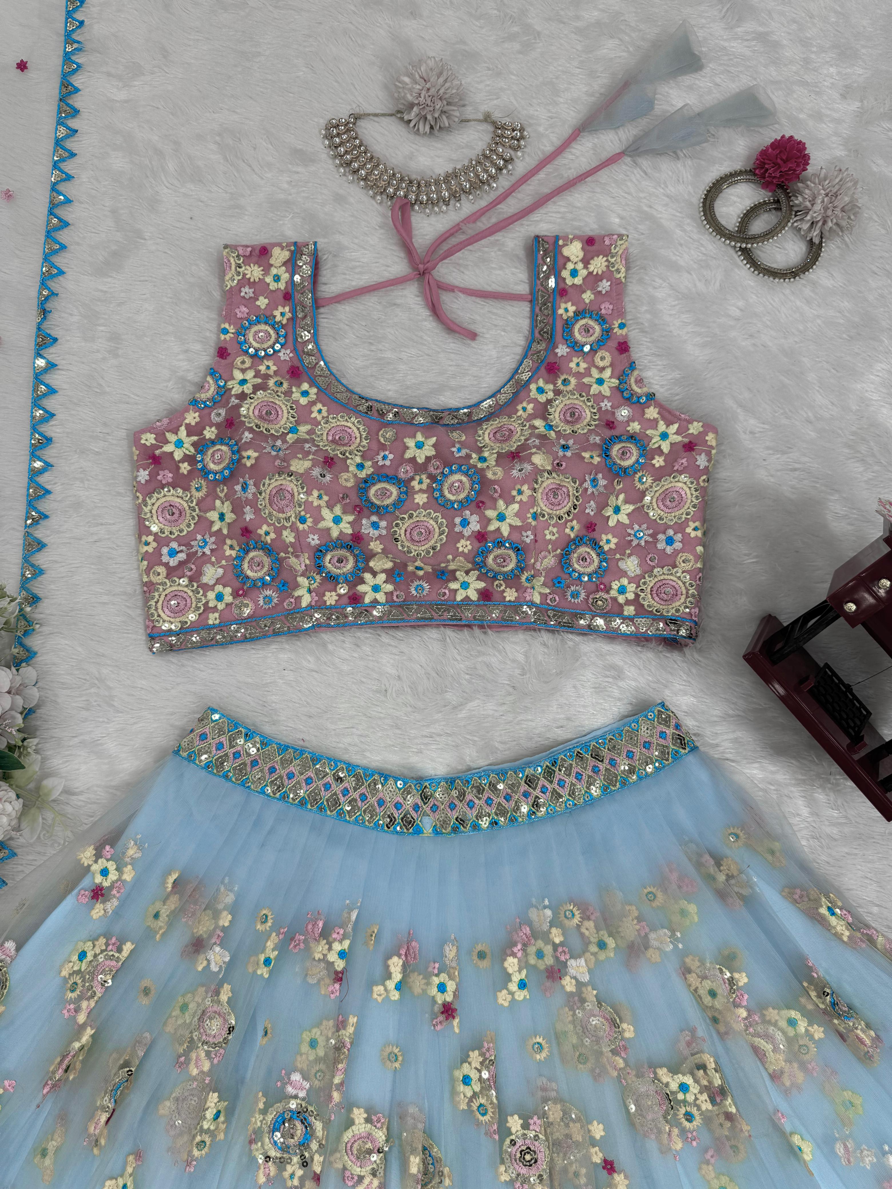 Partywear Sky Blue Butterfly Net Thread With Sequence Work Lehenga Choli