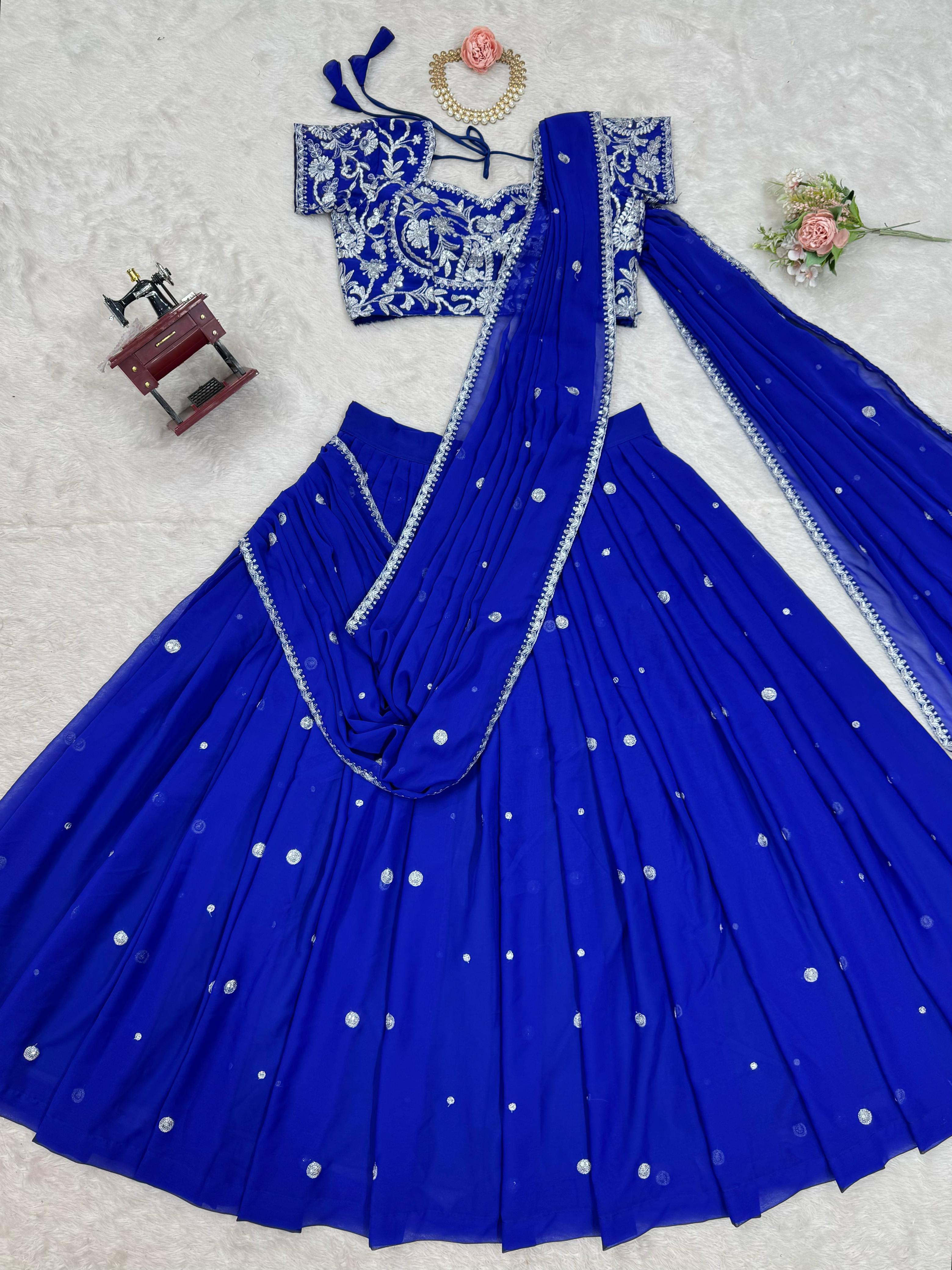 Royal Blue Georgette Thread With Sequence Ready To Wear Ruffle Lehenga Saree